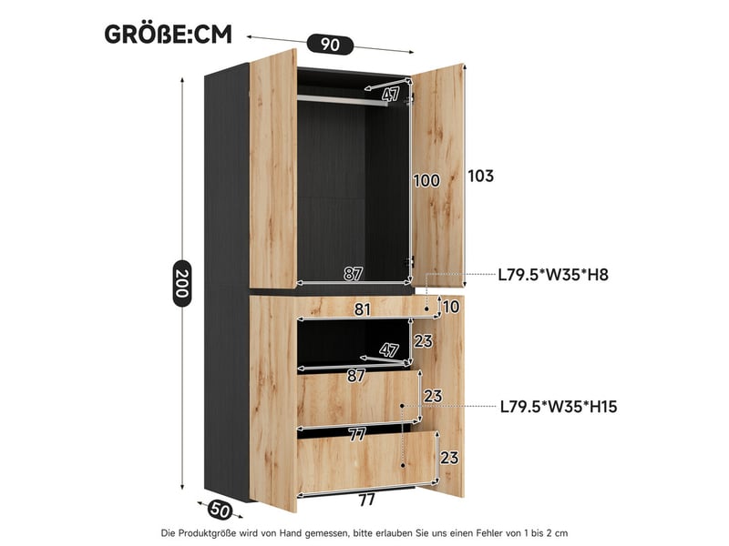  Armoire avec tiroir à bijoux, dotée de 4 portes, d'une tringle à vêtements et de 2 tiroirs, 90 x 50 x 200 cm, chêne  - Conforama C