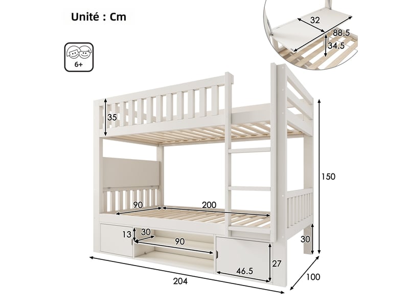 Lit enfant 90x200 cm avec bureau rabattable et rangement chaussures intégré, sommier à lattes, solution gain de place tout-en-un, certifié en 747, blanc Bubbly - Conforama C