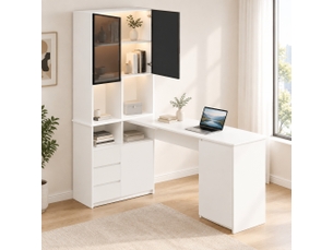Bureau d'angle 120x80x180 cm, led, portes, bibliothèque, salon, chambre et bureau, meuble chambre et salon, mdf, blanc
