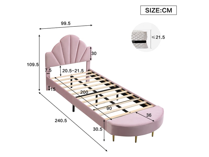  Lit simple rembourré 90x200 cm coloris rose velours lit enfant rose - Conforama C