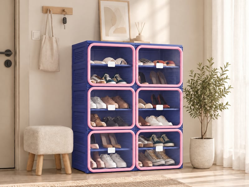  Armoire à chaussures en plastique pp - 24 paire(s) - porte abattante transparente - anti‑poussière - sans assemblage - meuble rangement chaussures petit espace - bleu‑rose  - Conforama B