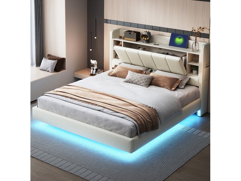  Modenvie lit coffre 160x200 cm - avec led, port usb, rangements intégrés, sans matelas - beige  - Conforama B