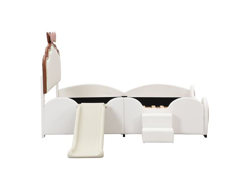  Lit enfant 140x200 cm forme papillon avec led et toboggan, pu, rose et blanc, sans matelas  - Conforama R
