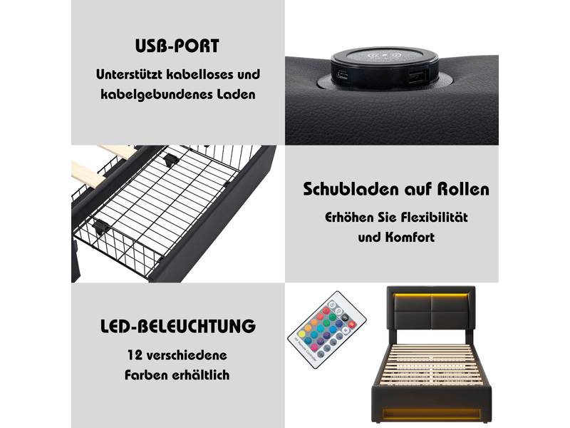 Lit capitonné 90x200 cm noir avec éclairage led, 4 tiroirs de rangement et port usb charge sans fil, cadre de lit simple adulte ado en similicuir - Conforama W