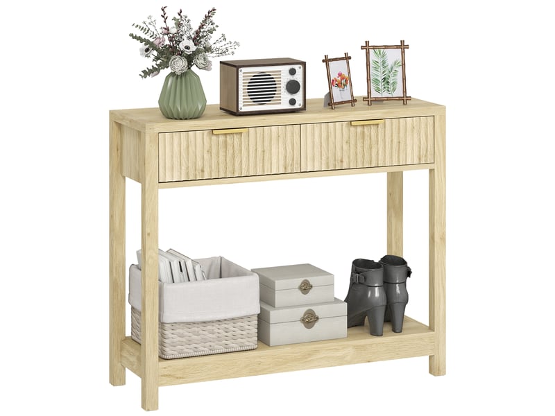  Console meuble 90 cm, table console étroite avec 2 tiroirs rainurés et étagère, style moderne, bois naturel  - Conforama A