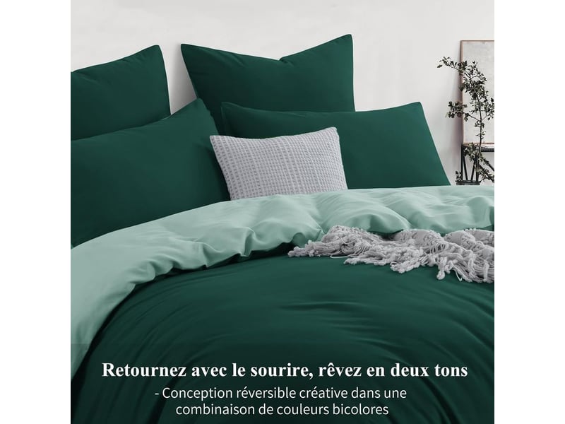  Housse de couette 140x200 réversible avec 1 taie d'oreiller 65x65 cm (vert foncévert) - parure de lit 140 x 200 adulte 1 personne microfibre, parure couette avec fermetures éclair  - Conforama C
