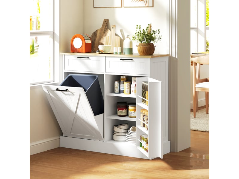  Buffet cuisine avec meuble poubelle 38l, meuble cuisine rangement, étagère à épices et plan de travail, 2 tiroirs, blanc  - Conforama D