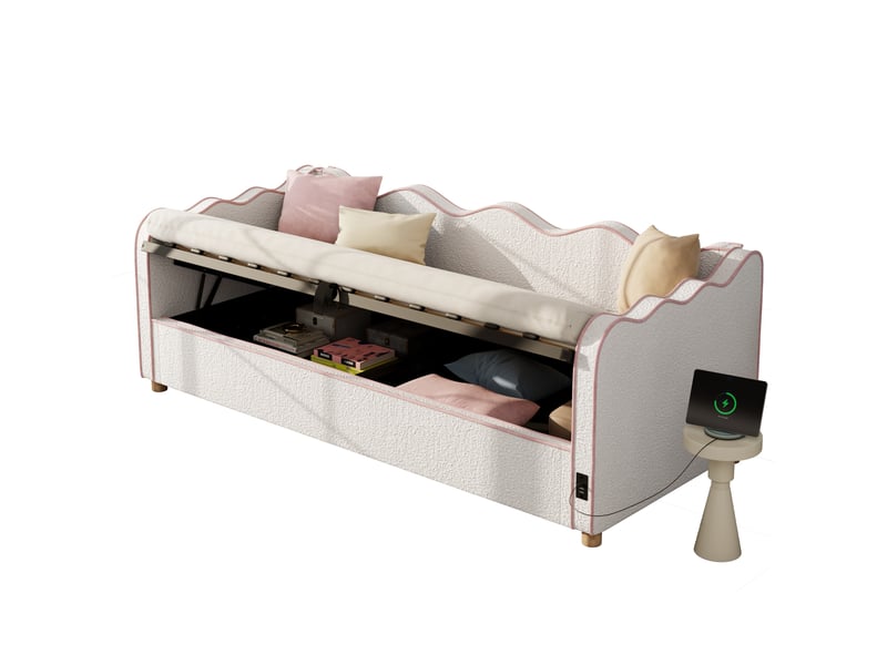  Lit enfant 90x200 cm rangement hydraulique, prise usb et type c en bouclé beige  - Conforama B