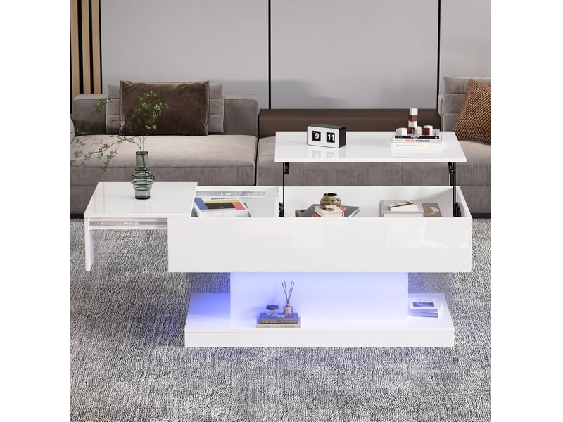  Table basse 100x50x45 cm rectangulaire, rangement caché, led, plateau relevable et coulissant, pour salon, pb, blanc  - Conforama B