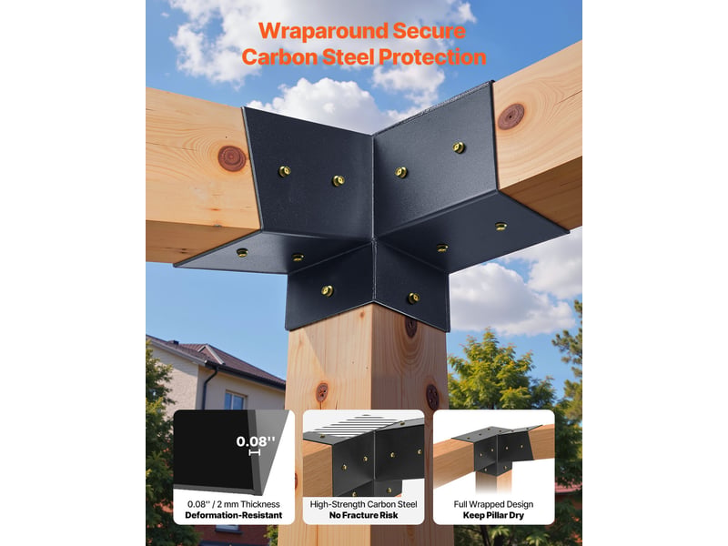 Vevor kit support de pergola, lot de 8, support de poteau bois 92x92 mm, supports deangle a 3 voies, avec 4 bases de poteaux, pour poutres bois standard a toit incline, banquet de fete en plein air  - Conforama E