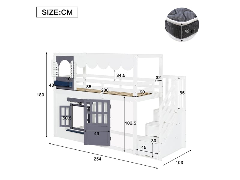  Lit mezzanine enfant 1 place 90 × 200 cm, escalier de rangement, porte et fenêtres, sans matelas, blanc et bleu  - Conforama E
