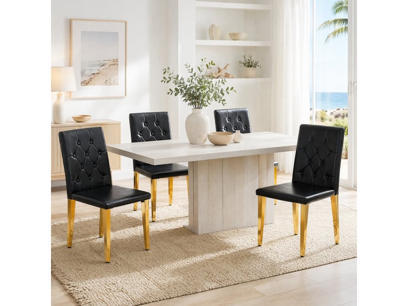  Chaises de salle à manger lot de 4 avec dossier matelassé  - pieds métal doré, simili cuir noir  - Conforama B