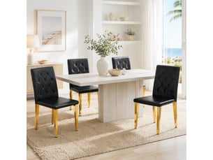 Chaises de salle à manger lot de 4 avec dossier matelassé  - pieds métal doré, simili cuir noir
