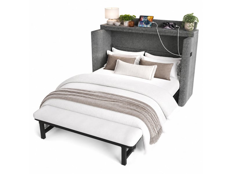 Lit escamotable 140 x 200 cm avec tiroir, ports usb et type-c, en tissu de lin gris - Conforama A