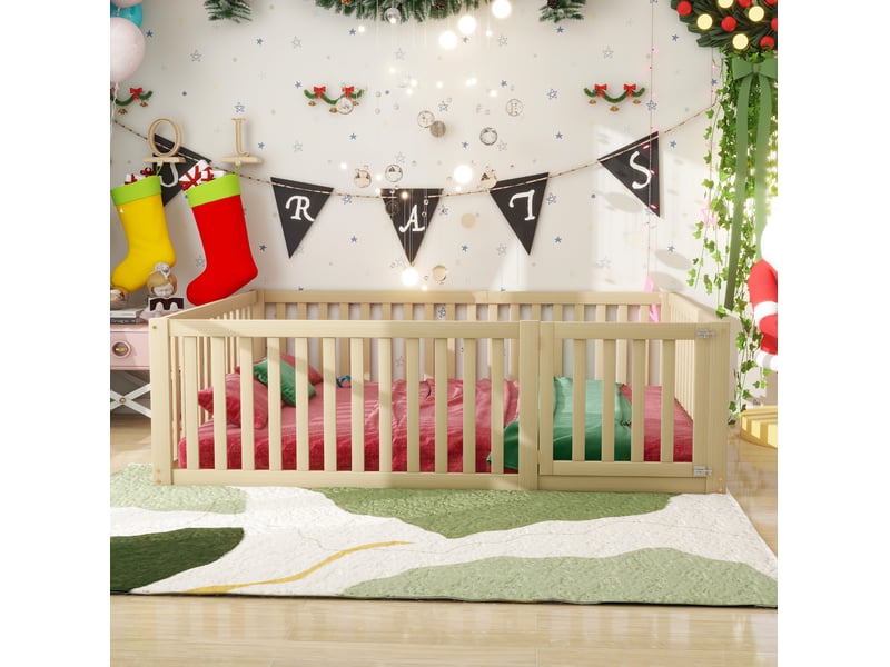  Lit enfant 140x200 cm avec clôture et porte, bois, couleur naturelle sans matelas  - Conforama C