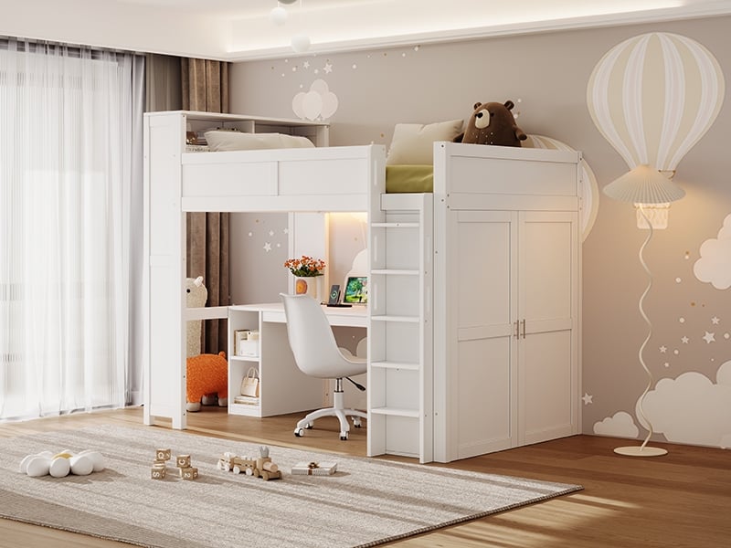  Lit superposé 90x200cm avec bureau, espaces de rangement, armoire, port usb et éclairage led, blanc  - Conforama B