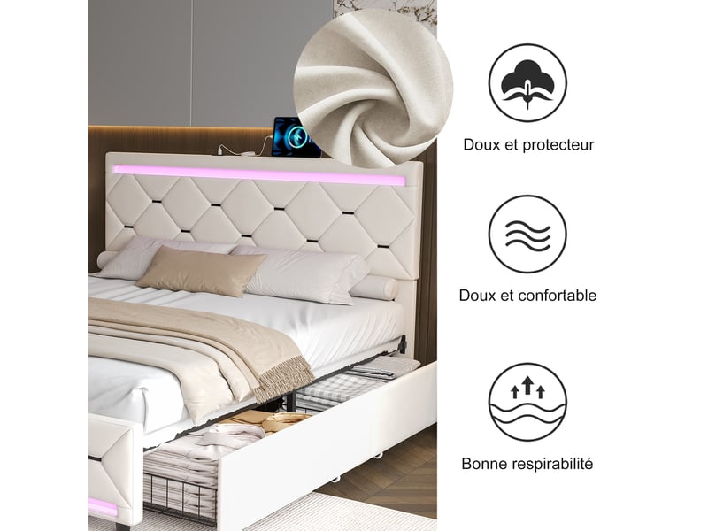  Lit double 160x200 cm,lit capitonné avec led et usb, lit rembourré avec 4 tiroirs de rangement,lit 160x200,velours,beige  - Conforama D
