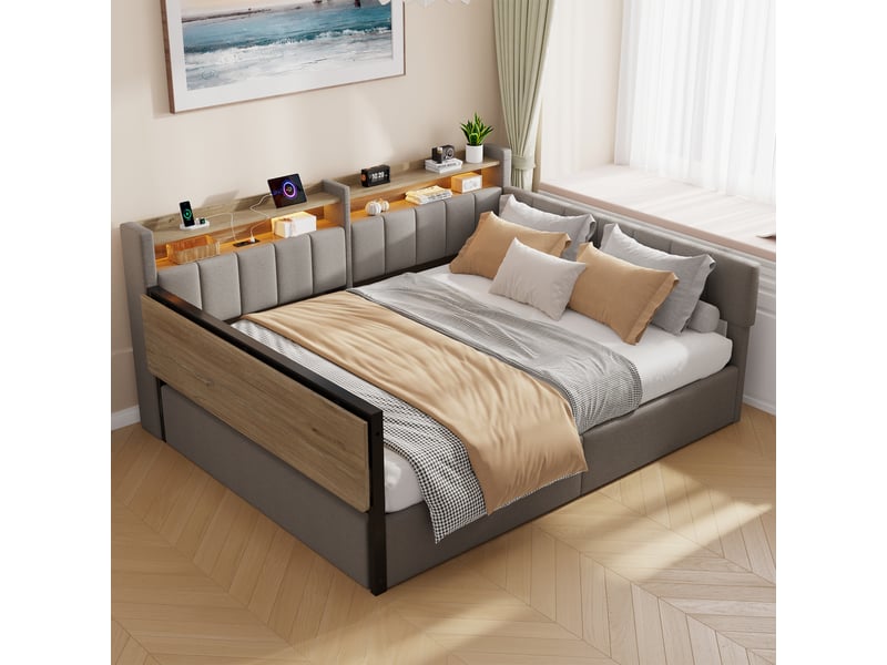  Lit coffre hydraulique 140x200 cm avec led, table rabattable et usb-c, velours gris, structure mdf, sans matelas  - Conforama W