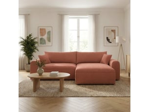 Canapé d'angle convertible terracotta 4 places tissu bouclé + coffre belair