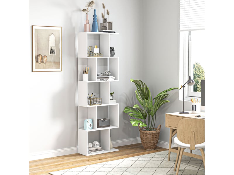  Bibliothèque à 5 niveaux, meuble de rangement en forme de s avec étagères, 60 x 24 x 184,5 cm, blanc  - Conforama D