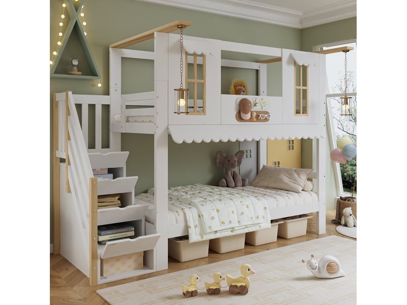 Lit superposé enfant 90x200 cm – blanc et naturel – escalier de rangement, fenêtres décoratives, sans matelas - Conforama B