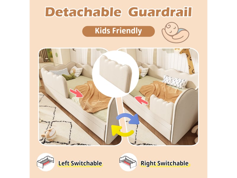  Lit gigogne enfant 90x190 cm avec canapé-lit 2-en-1, dossier et sommiers, lin, beige, sans matelas  - Conforama E