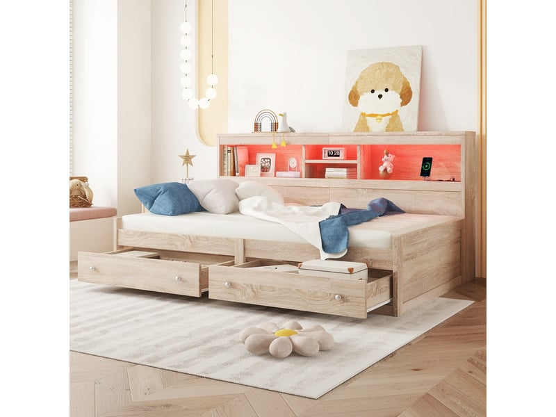  Lit banquette 90x200 cm - lit enfant multifonction avec ports usb et lumière led intégrée - structure mdf robuste - sans matelas - couleur naturel  - Conforama D