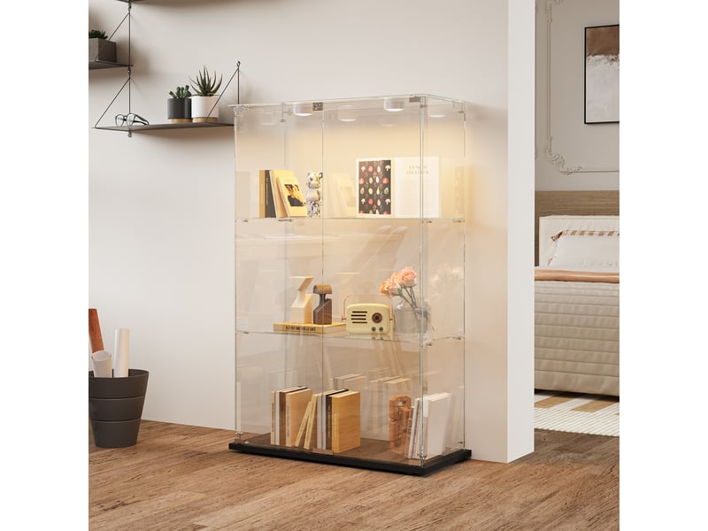  Vitrine en verre 3 niveaux double porte - noir - 78,5 x 35 x 123,5 cm - armoire d'exposition avec éclairage led et base noire  - Conforama E