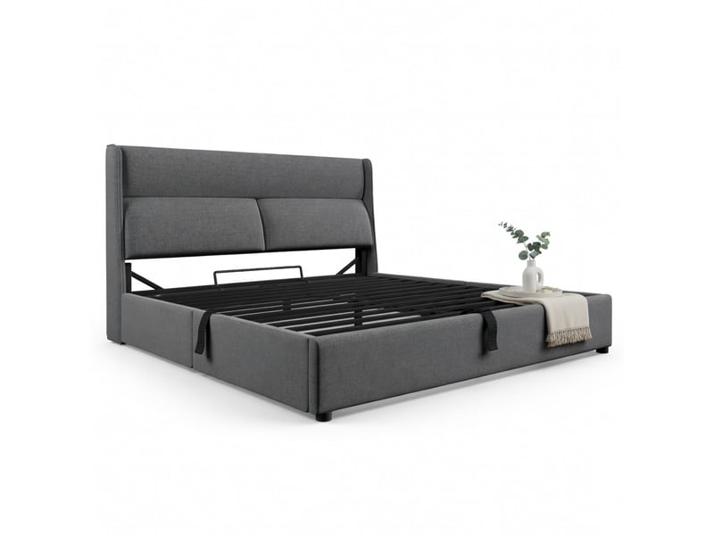 Lit coffre hydraulique 160x200 cm avec appuie-tête réglable, en lin gris - Conforama A