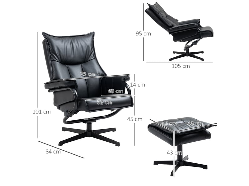 Fauteuil relax pivotant inclinable avec repose-pieds en similicuir noir - Conforama C