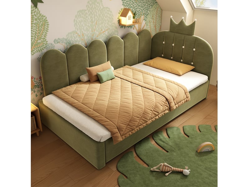  Modenvie lit gigogne 90x200 cm - velours avec tiroir-lit, dossier couronne, sans matelas - vert  - Conforama E