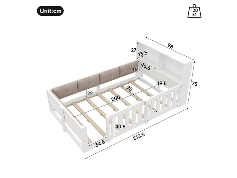 Lit enfant 90 × 200 cm 1 place avec barrières, led réglable et rangements, sans matelas, blanc en panneaux bois  - Conforama D