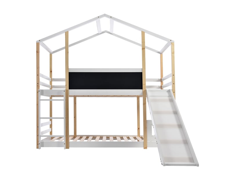  Lit superposé enfant 90x200 cm- lit cabane avec toboggan - tableau noir - échelle - garde-corps - 2 sommiers - blanc et naturel  - Conforama A