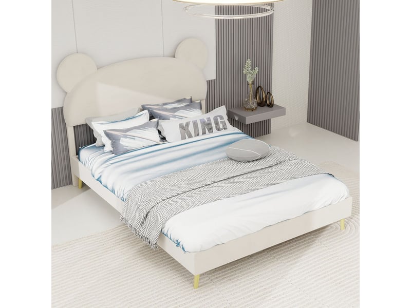  Lit rembourré 140x200 cm tête de lit ours - lit adulte - beige, cadre métal solide, design minimaliste, coins sécurisés  - Conforama B