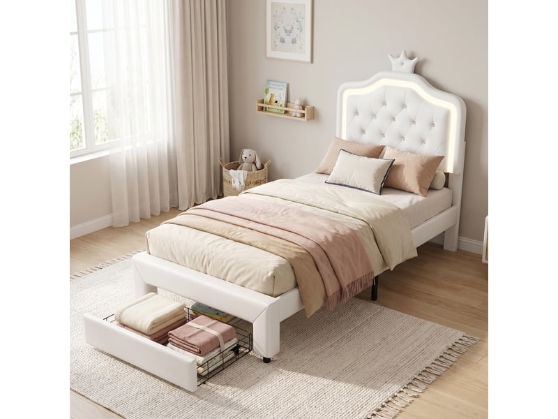  Lit simple 90x200, lit enfant, éclairage led et tiroir de rangement,  tête de lit couronne ajustable, style moderne, blanc  - Conforama B