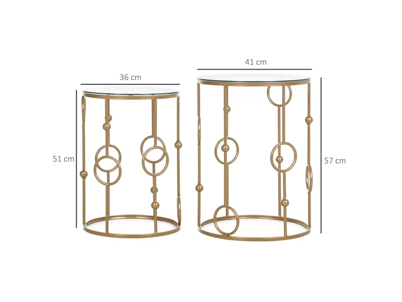  Tables basses gigognes avec 2 tables et plateaux en verre trempé, structure en métal, pour salon, finition dorée  - Conforama D