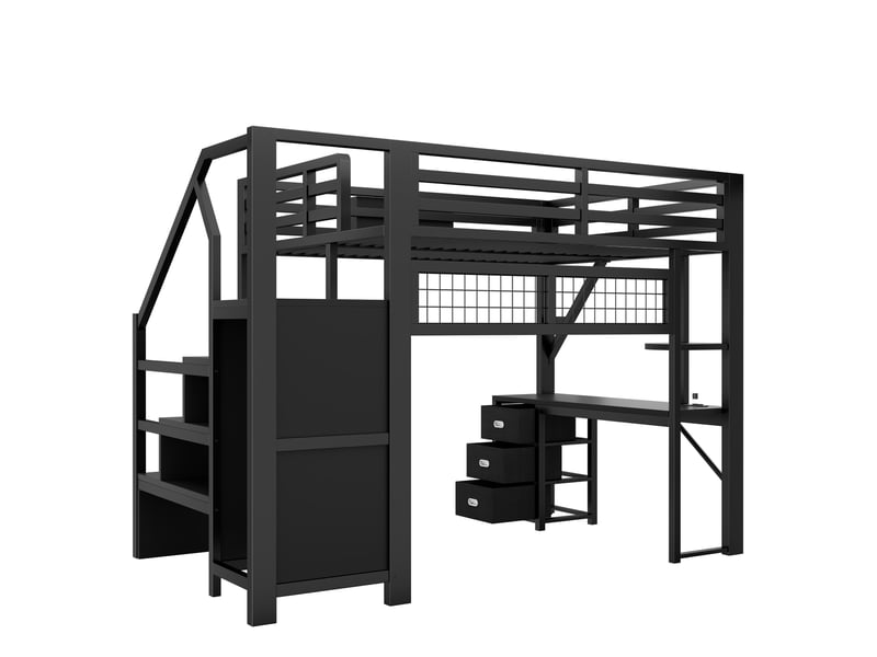  Lit mezzanine 140x200 cm noir, avec bureau, 3 tiroirs, rangements, penderie, led, structure métal, sommier inclus, sans matelas  - Conforama D