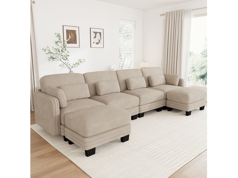  Canapé modulaire en u 4 places 330x143x88 cm, tendre et élastique, assise spacieux profonde, 2 poufs, tissu en chenille, café clair  - Conforama D