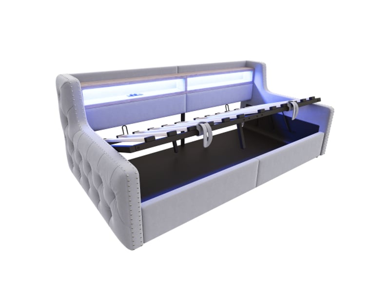  Canapé-lit 90x200 cm capitonné gris clair - coffre hydraulique, led, rangements, prise usb et charge, cadre à lattes  - Conforama E