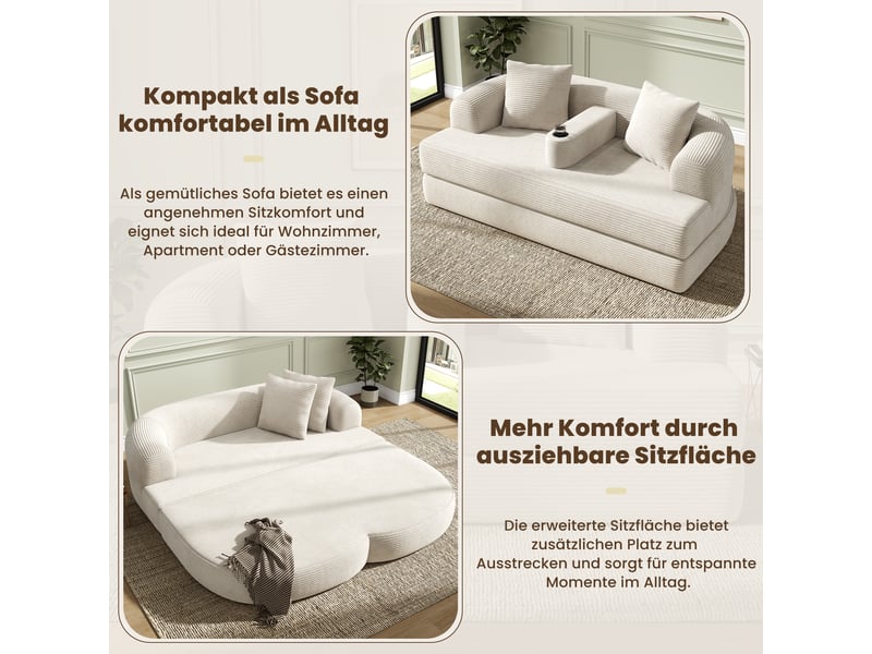  Canapé convertible 2 places en velours côtelé beige clair, 176 x 184 x 47 cm, porte-gobelets, sans montage, livré compressé, coussins inclus CARDUME ESTIVAL - Conforama D