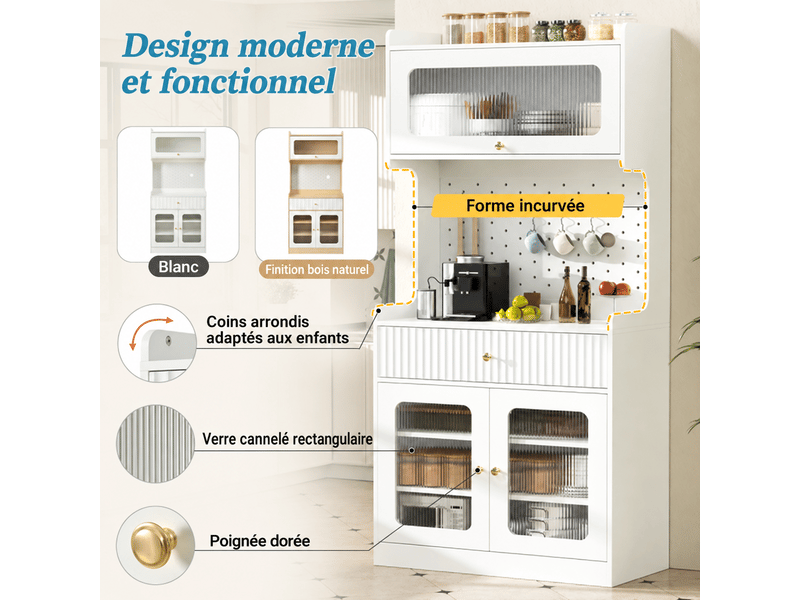  Buffet haut 80x40x180 cm avec led, portes en verre strié, tiroir, rangement modulable et panneau perforé mdf blanc OMNIGLINT TRADING LTD - Conforama D