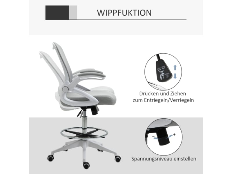  Chaise de bureau ergonomique en mesh gris clair, accoudoirs rabattables, repose-pieds, inclinable  - Conforama E