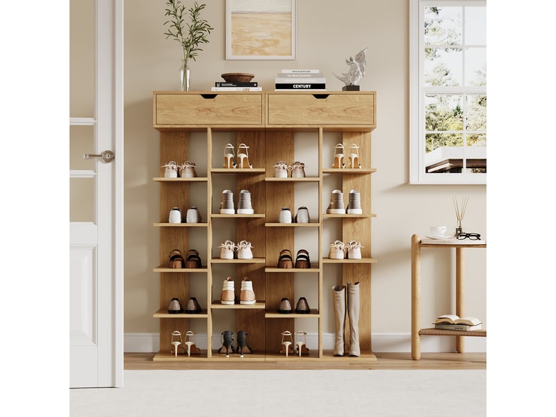  Meuble à chaussures 55x33x133cm bois naturel - meuble d'entrée ouvert avec 10 étagères, 1 tiroir et rangement multifonctionnel  - Conforama E