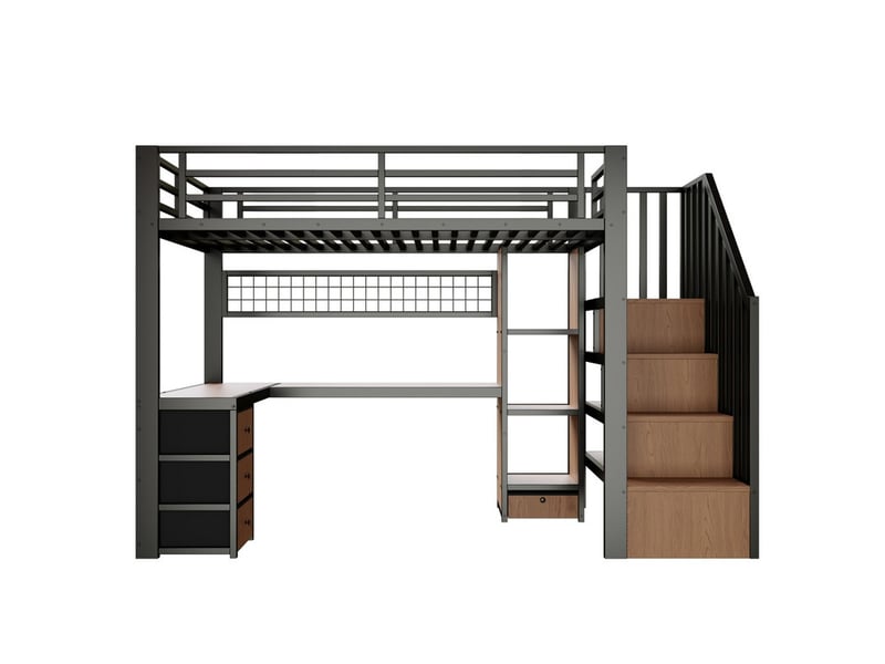 Lit mezzanine, 140 x 200 cm, lit en fer avec étagère, 4 tiroirs et bande lumineuse led, sans matelas, noir  - Conforama A