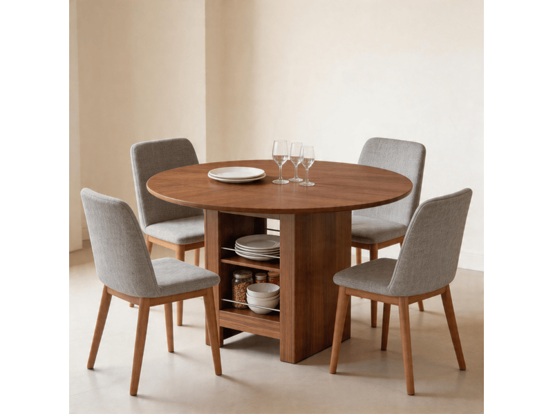  Table basse - table de salle à manger ronde moderne avec compartiments de rangement ouverts, noyer, 100 x 100 x 76 cm  - Conforama R