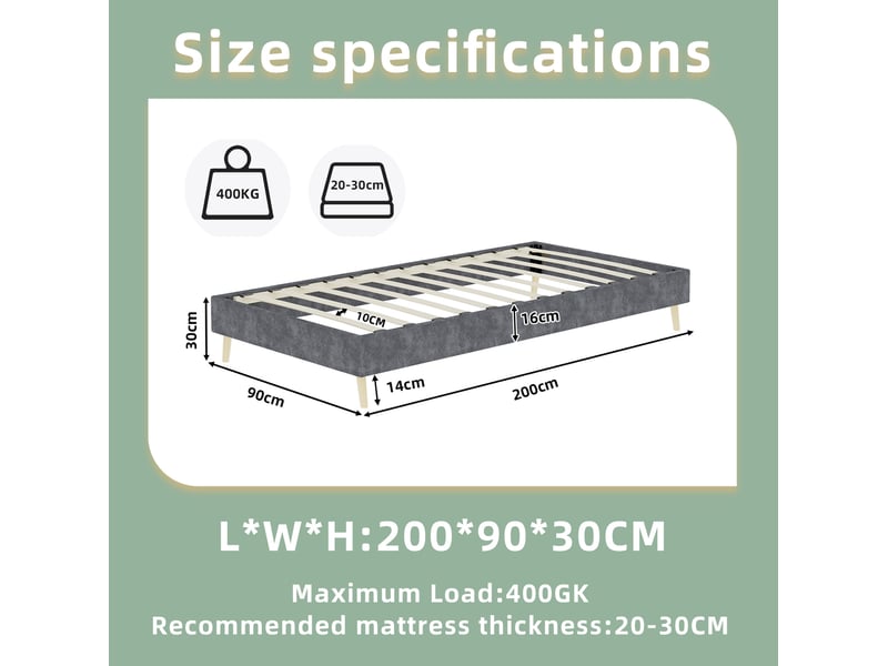  Modenvie cadre de lit 90x200 cm - revetement en tissu et pieds en bois, sans tete de lit - gris  - Conforama C