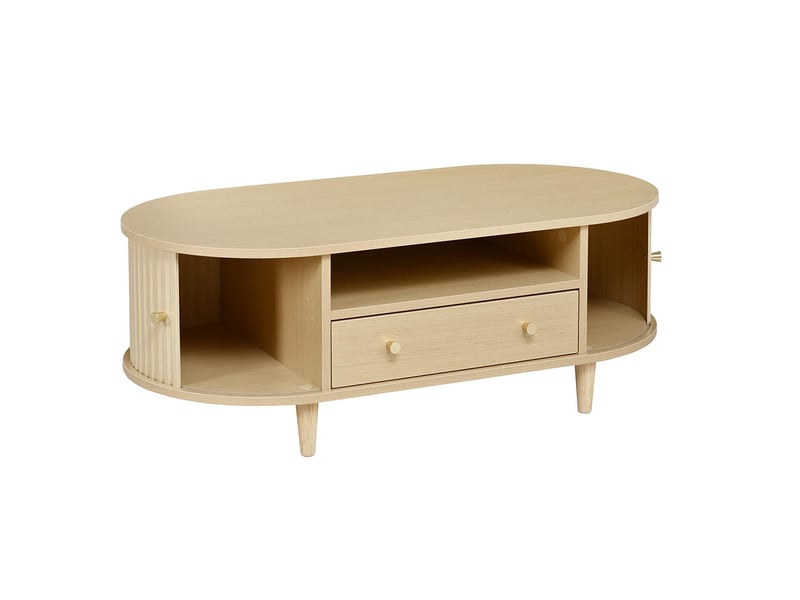  100 x 50 x 36 cmtable basse avec un tiroir et des espaces de rangement ouverts, équipée d'un volet roulant, 4 pieds, couleur chêne  - Conforama E