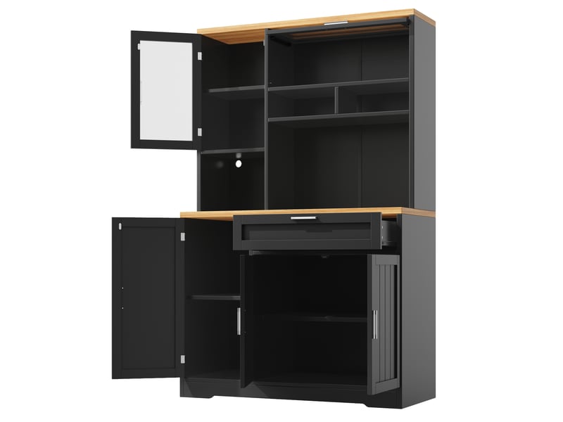  Buffet haut 104x40x180 cm - vitrine led, étagères réglables, grands rangements - blanc et noir  - Conforama D