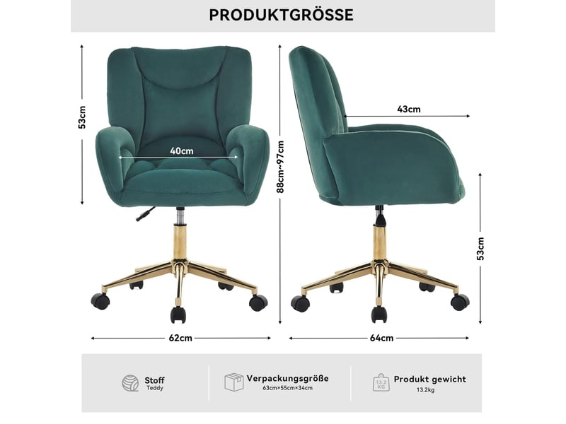  Chaise de bureau réglable en hauteur en velours vert, base en métal doré et roulettes pivotantes pour le télétravail  - Conforama C