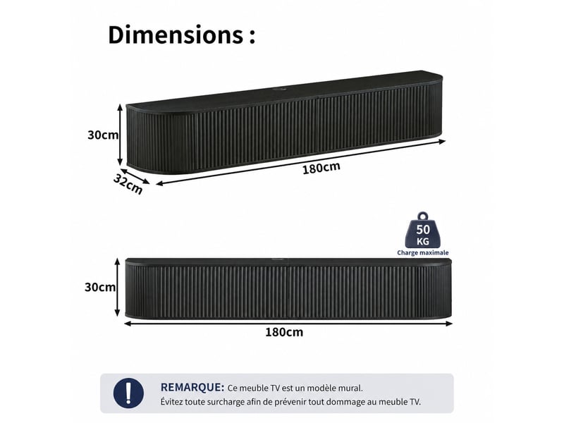  Meuble tv mural suspendu noir – 180 x 32 x 30 cm – passe-câbles et portes rainurées  - Conforama D